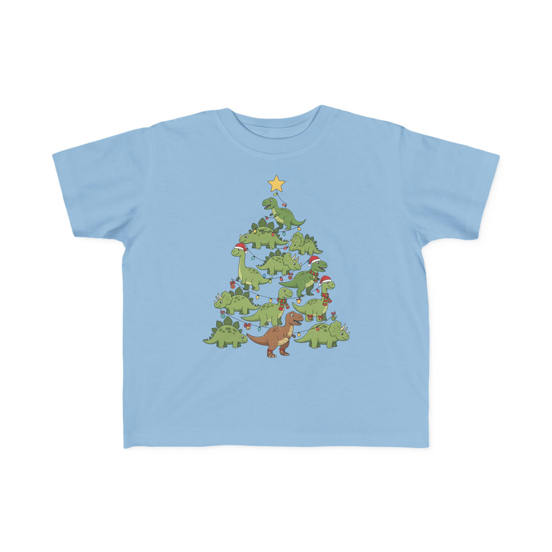 Dino Tree Toddler Tee with playful dinosaur Christmas tree design, featuring T. rex and friends in festive attire, perfect for toddlers' sensitive skin.
