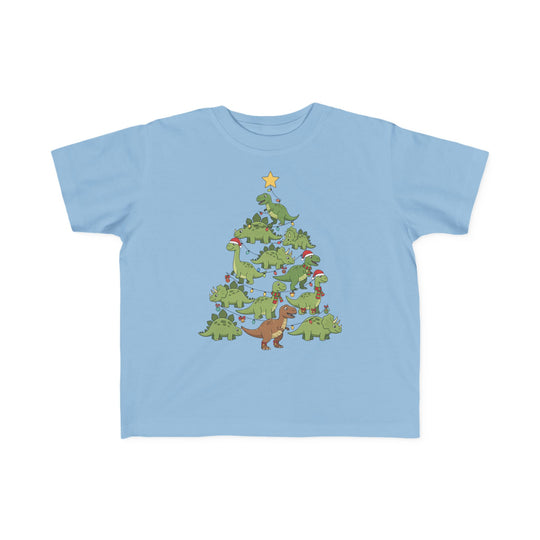 Dino Tree Toddler Tee with playful dinosaur Christmas tree design, featuring T. rex and friends in festive attire, perfect for toddlers' sensitive skin.