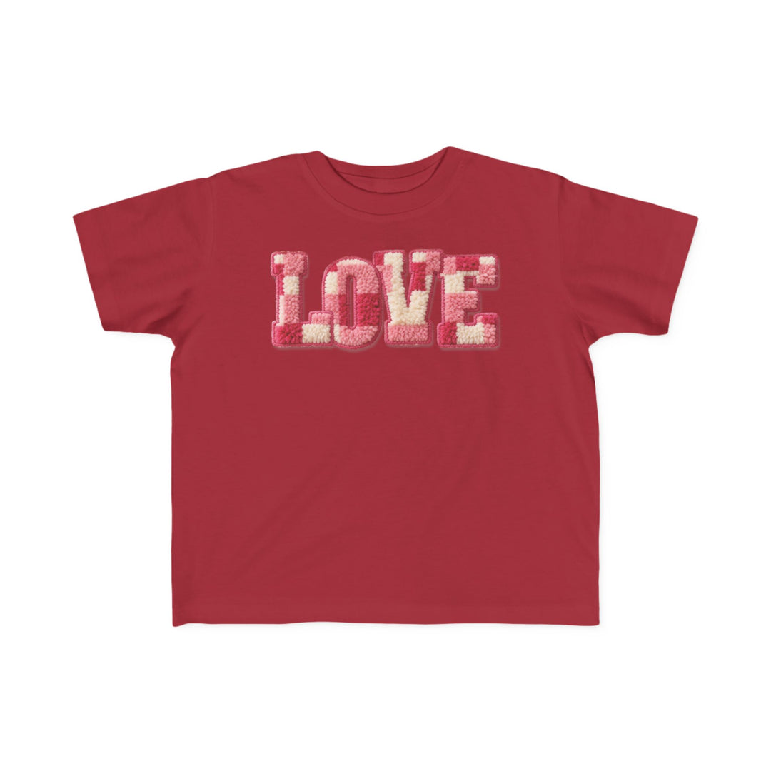 Love Toddler Tee featuring LOVE in chenille-style letters, perfect for toddlers' sensitive skin with its soft, 100% cotton fabric and high-quality print.