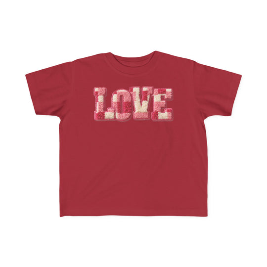 Love Toddler Tee featuring LOVE in chenille-style letters, perfect for toddlers' sensitive skin with its soft, 100% cotton fabric and high-quality print.