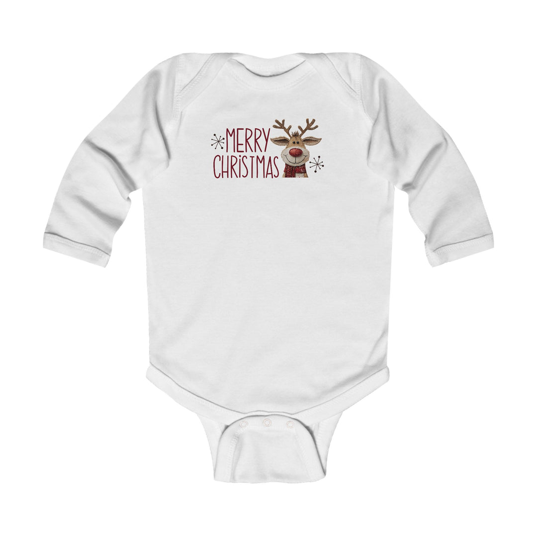 Merry Christmas Reindeer Onesie: A white long-sleeved baby bodysuit featuring a festive red text and reindeer design, with snaps for easy changing and ribbed durability.