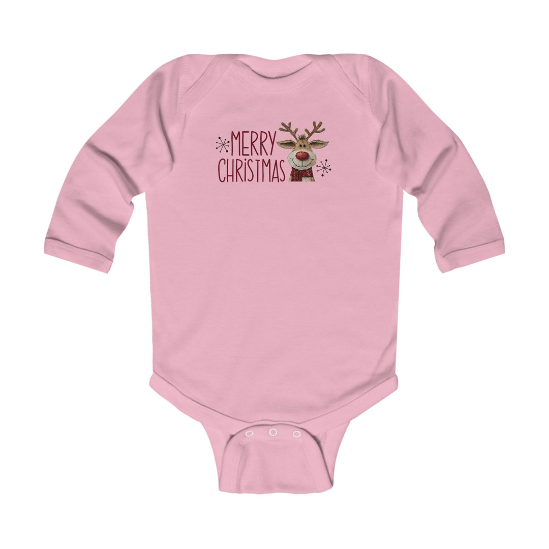 Merry Christmas Reindeer Onesie: Pink, long-sleeve baby bodysuit with smiling reindeer and snowflakes, featuring MERRY CHRISTMAS text. Soft, durable cotton with easy-change snaps, classic fit.