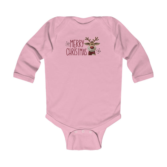 Merry Christmas Reindeer Onesie: Pink, long-sleeve baby bodysuit with smiling reindeer and snowflakes, featuring MERRY CHRISTMAS text. Soft, durable cotton with easy-change snaps, classic fit.