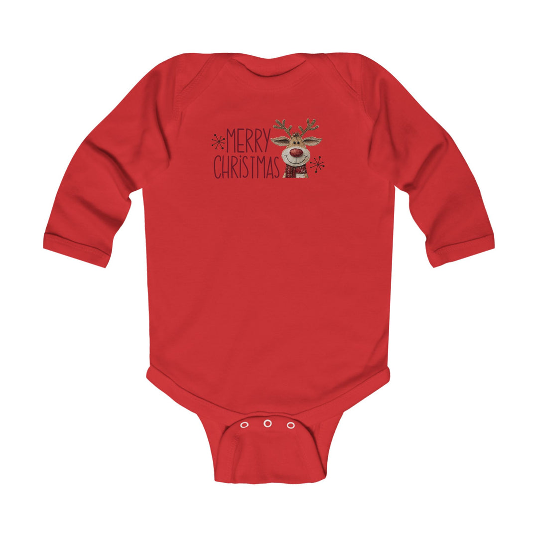 Merry Christmas Reindeer Onesie: Red long-sleeved baby bodysuit with Merry Christmas and a smiling reindeer wearing a scarf, designed for softness and durability.