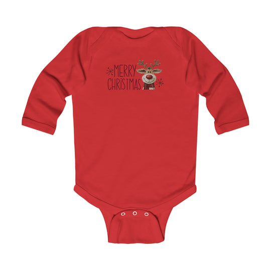 Merry Christmas Reindeer Onesie: Red long-sleeved baby bodysuit with Merry Christmas and a smiling reindeer wearing a scarf, designed for softness and durability.