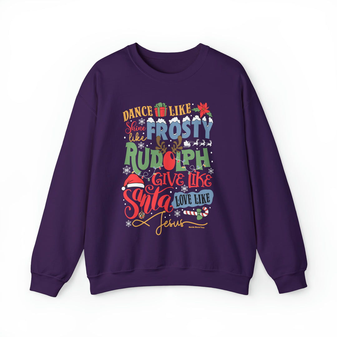 Unisex Frosty Rudolph Santa Jesus Crew sweatshirt, medium-heavy fabric, ribbed knit collar, loose fit, cotton-polyester blend, no itchy side seams, sewn-in label. Sizes S-5XL.