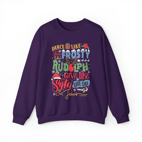 Unisex Frosty Rudolph Santa Jesus Crew sweatshirt, medium-heavy fabric, ribbed knit collar, loose fit, cotton-polyester blend, no itchy side seams, sewn-in label. Sizes S-5XL.