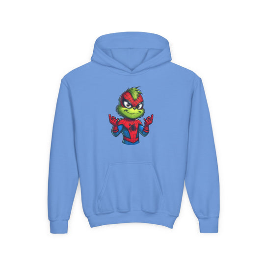 Christmas Spider Youth Hoodie features Grinch in Spider-Man suit, web-shooting. Light-blue pullover with kangaroo pocket. Ultra-soft fleece, 50/50 cotton-polyester blend.