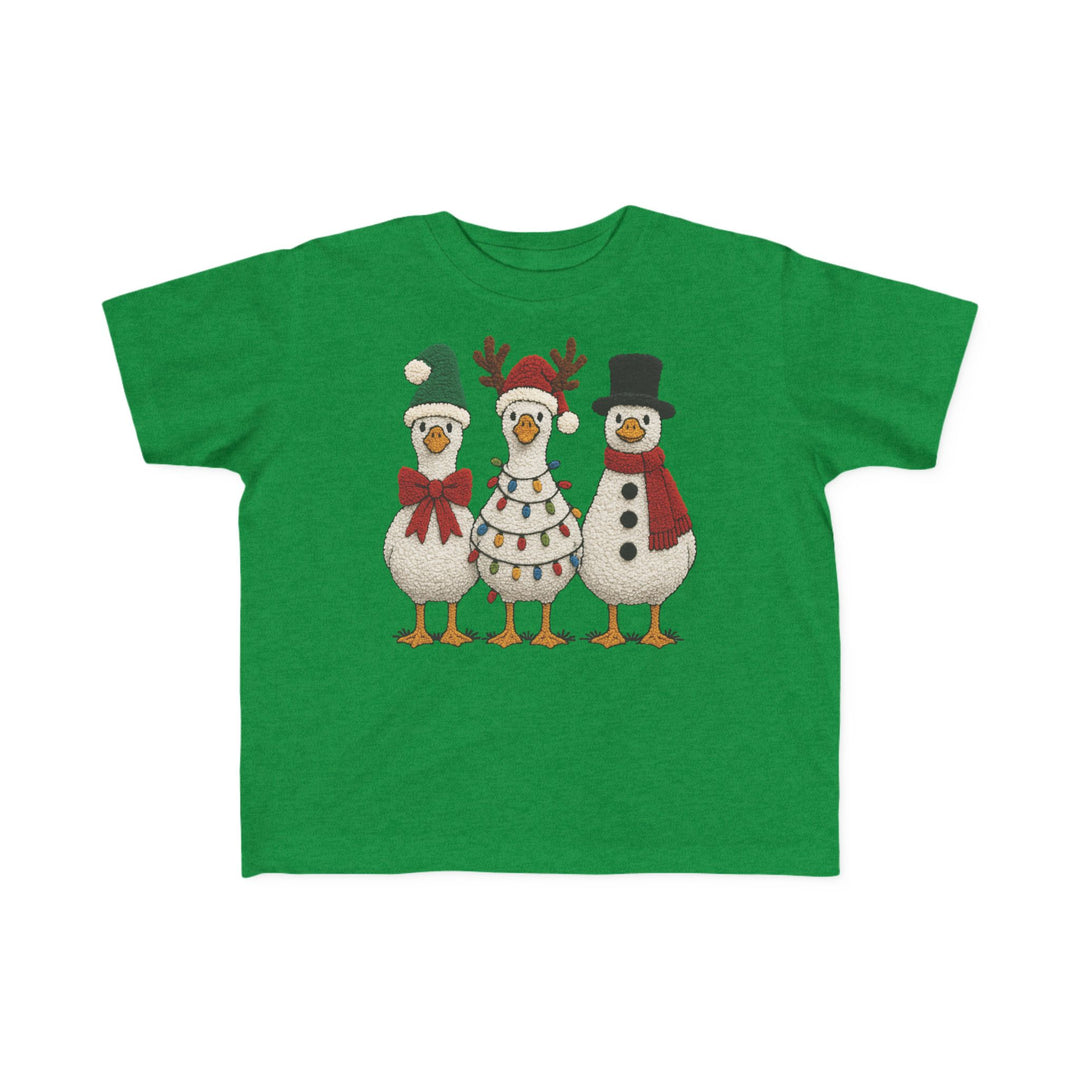 Christmas Ducks Toddler Tee features three festively dressed birds on a bright green T-shirt, perfect for toddlers with its soft, durable, high-quality cotton fabric.