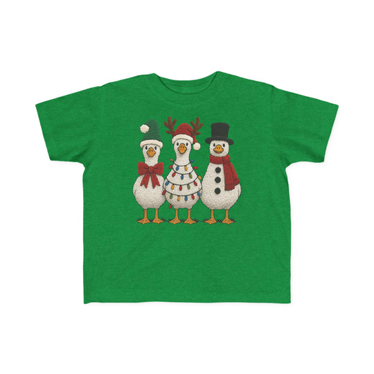 Christmas Ducks Toddler Tee features three festively dressed birds on a bright green T-shirt, perfect for toddlers with its soft, durable, high-quality cotton fabric.