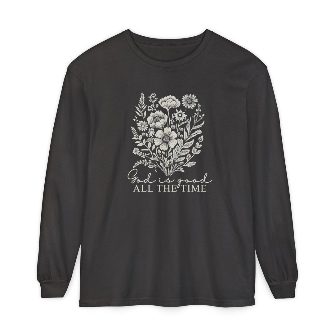Black long-sleeve tee with off-white floral design and God is good ALL THE TIME text, offering a soft, relaxed fit from Faith Family Designs.