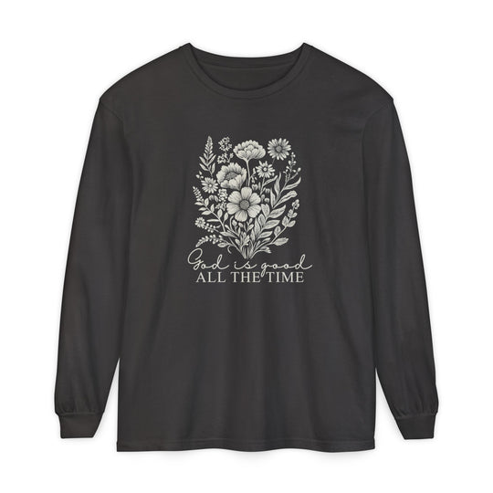 Black long-sleeve tee with off-white floral design and God is good ALL THE TIME text, offering a soft, relaxed fit from Faith Family Designs.