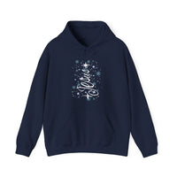 Navy-blue Jesus Tree Hoodie with a snowflake design and swirly cursive print, featuring a kangaroo pocket and drawstring hood, perfect for cold days.