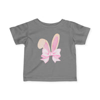 Bunny Bow Baby Tee in medium gray featuring stylized bunny ears and pink bow graphic, offering soft comfort and durability for infants with a classic fit.