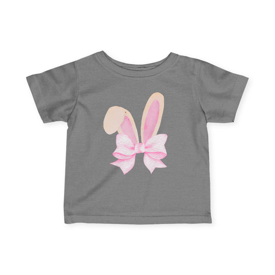 Bunny Bow Baby Tee in medium gray featuring stylized bunny ears and pink bow graphic, offering soft comfort and durability for infants with a classic fit.