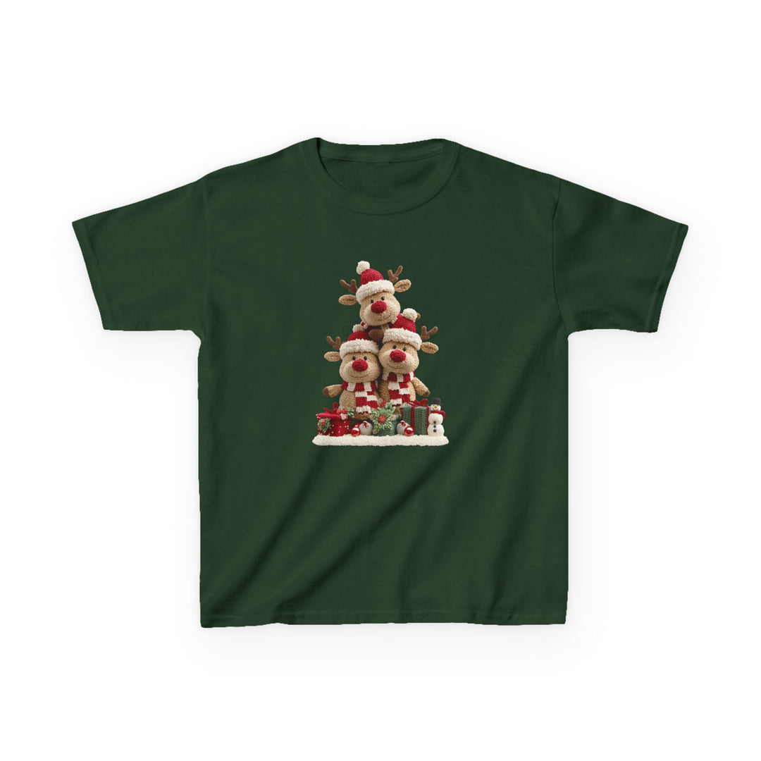 Reindeer Tree Kids Tee features plush reindeer in Santa hats and scarves, surrounded by gifts and ornaments on a dark green cotton T-shirt, perfect for festive occasions.