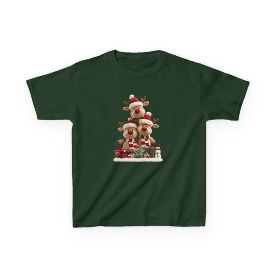 Reindeer Tree Kids Tee features plush reindeer in Santa hats and scarves, surrounded by gifts and ornaments on a dark green cotton T-shirt, perfect for festive occasions.