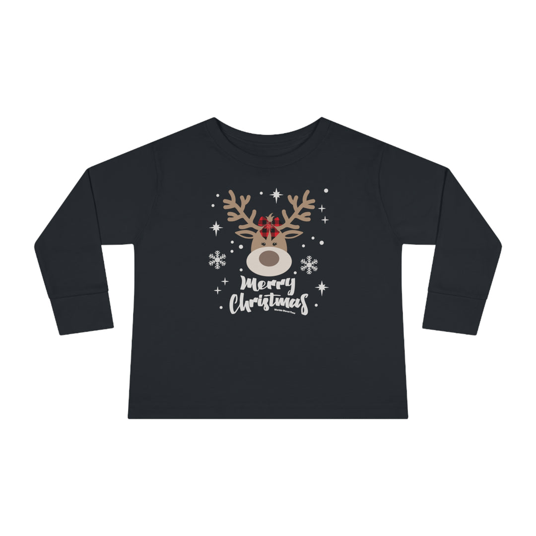 Toddler long-sleeve tee featuring a black shirt with a deer design, ideal for the youngest. Made of 100% combed ringspun cotton, with ribbed collar and EasyTear™ label for comfort and durability.