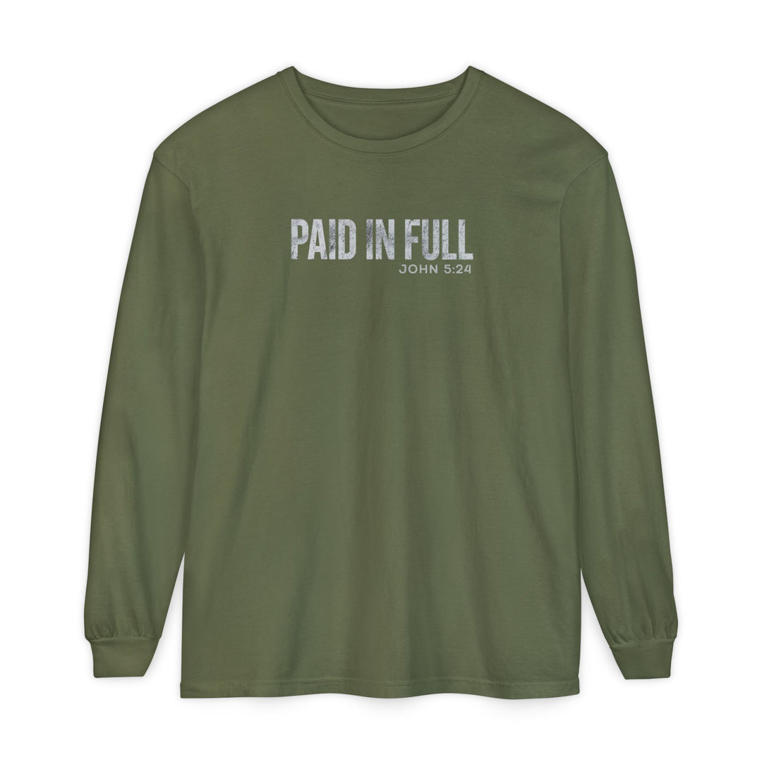 Paid in Full Long Sleeve Tee with 'PAID IN FULL' and 'John 5:24' text, offering comfort with its 100% cotton relaxed fit.