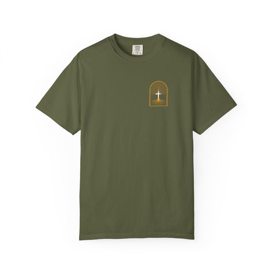 Adam to Noah Tree Tee: Olive-green crewneck T-shirt with a stylized tree graphic featuring a white cross trunk and gold branches, offering a cozy, relaxed fit.