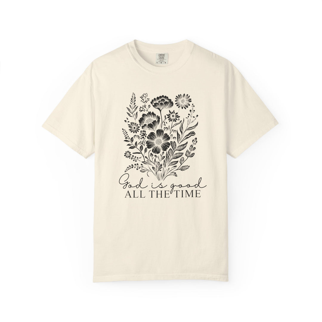 God is Good All the Time Tee, a relaxed-fit, garment-dyed t-shirt made from 100% ring-spun cotton, featuring durable double-needle stitching.