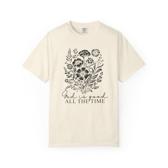 God is Good All the Time Tee, a relaxed-fit, garment-dyed t-shirt made from 100% ring-spun cotton, featuring durable double-needle stitching.