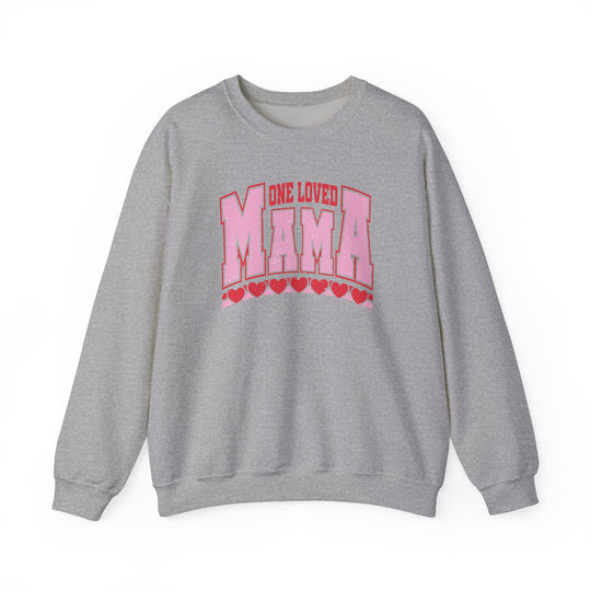 One Loved Mama Crew: Grey sweatshirt with pink lettering, combining polyester and cotton for comfort and style, perfect for casual wear.