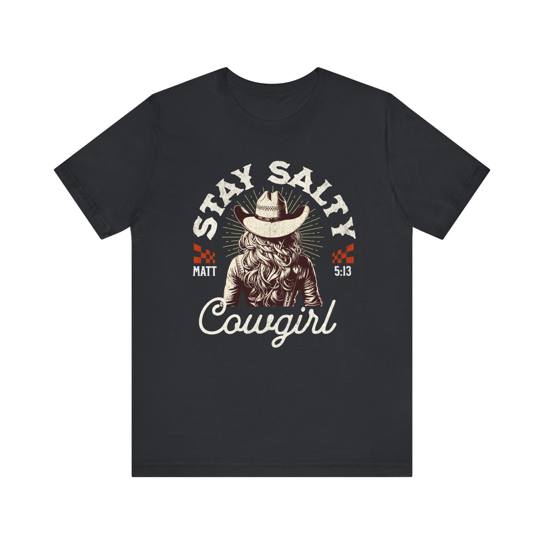 Stay Salty Tee featuring a cowboy hat design. This soft cotton unisex t-shirt offers a comfortable fit with ribbed knit collars and durable dual side seams.