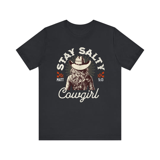 Stay Salty Tee featuring a cowboy hat design. This soft cotton unisex t-shirt offers a comfortable fit with ribbed knit collars and durable dual side seams.