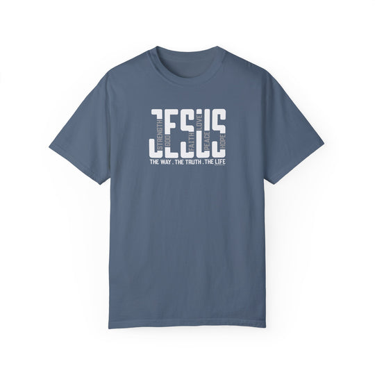 A relaxed-fit Jesus Tee, crafted from 100% ring-spun cotton with double-needle stitching for durability. Soft-washed and garment-dyed for coziness, featuring a tubular shape without side-seams. From Worlds Worst Tees.
