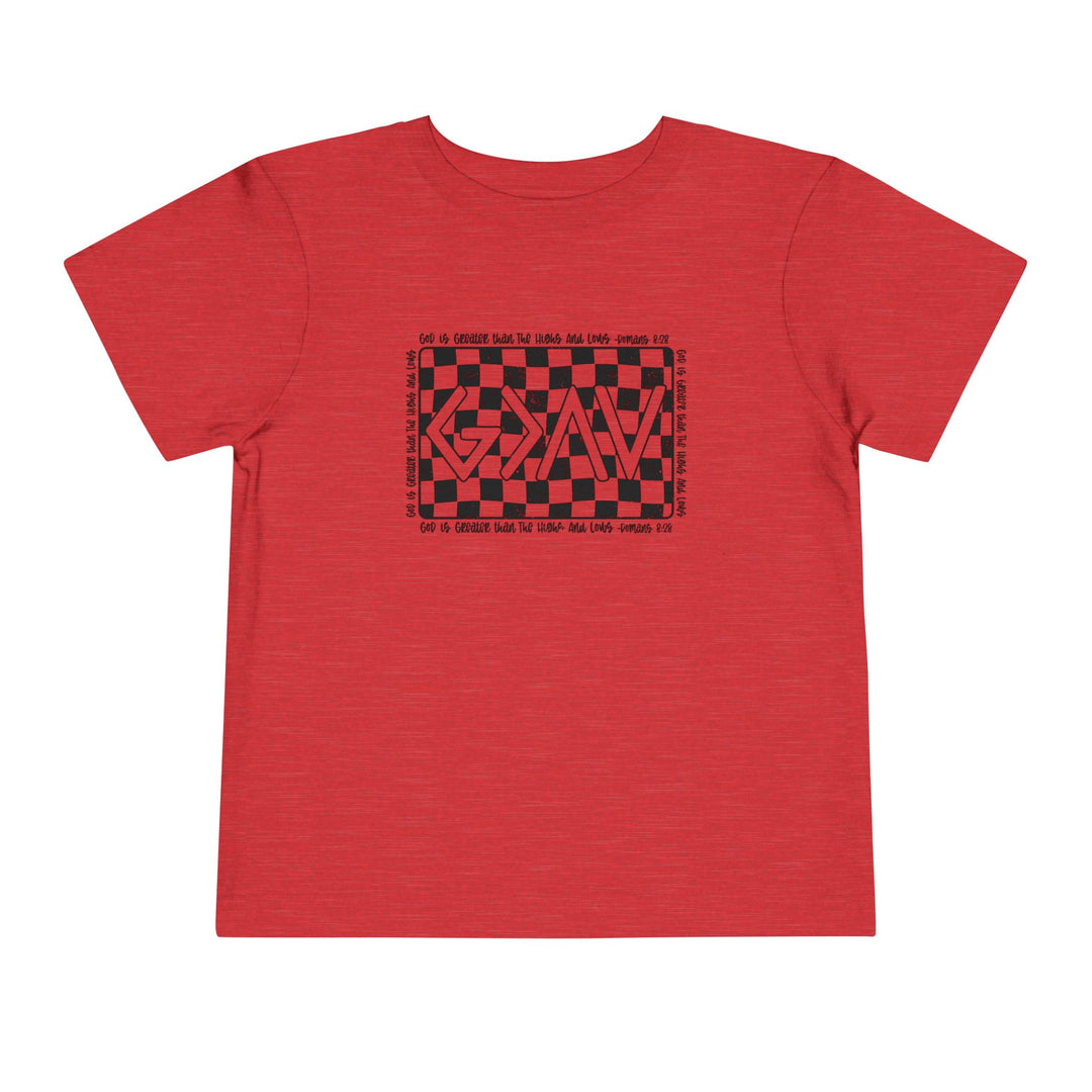 Gods Highs and Lows Toddler Tee featuring a red shirt with a black and white checkered design, made from soft, comfortable cotton for everyday wear.