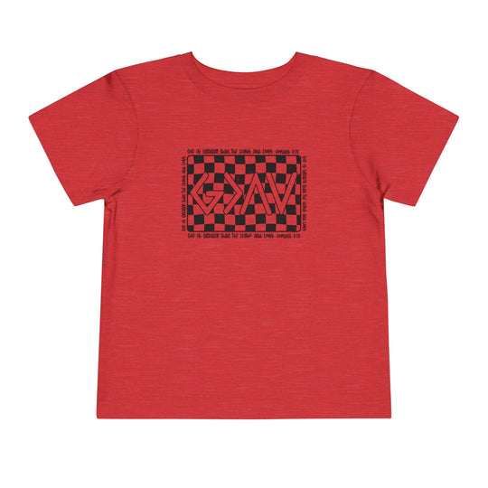 Gods Highs and Lows Toddler Tee featuring a red shirt with a black and white checkered design, made from soft, comfortable cotton for everyday wear.