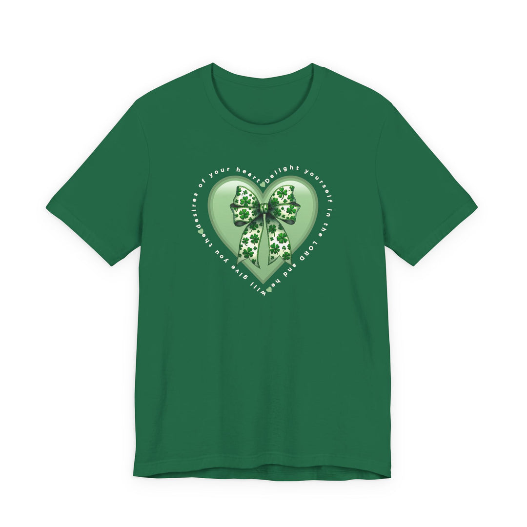 Forest-green Delight in the LORD Tee features a glossy heart with a clover-patterned bow and an inspirational scripture encircling it, offering comfort and style.