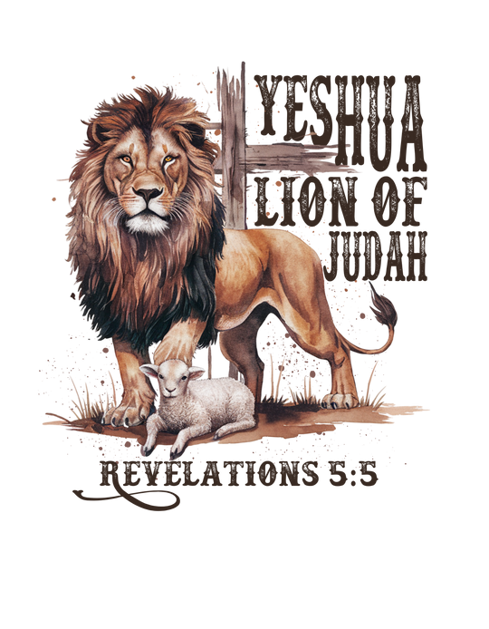 Yeshua Lion of Judah Tee featuring a lion and lamb illustration on a black background, embodying a classic unisex jersey short sleeve design.