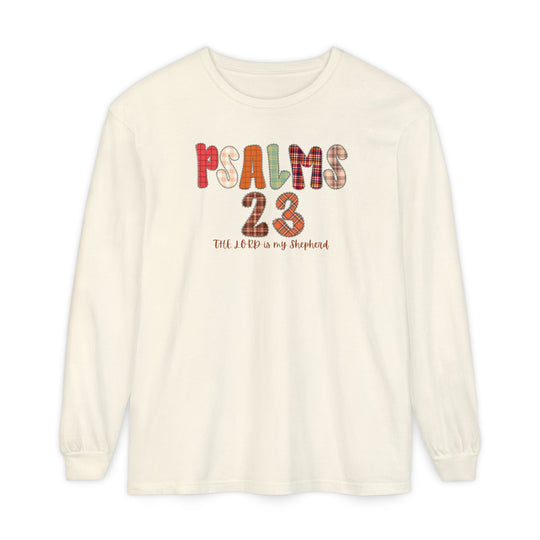 Cream long-sleeve tee with PSALMS 23 in patchwork patterns and The Lord is my Shepherd in script, offering comfort and style.
