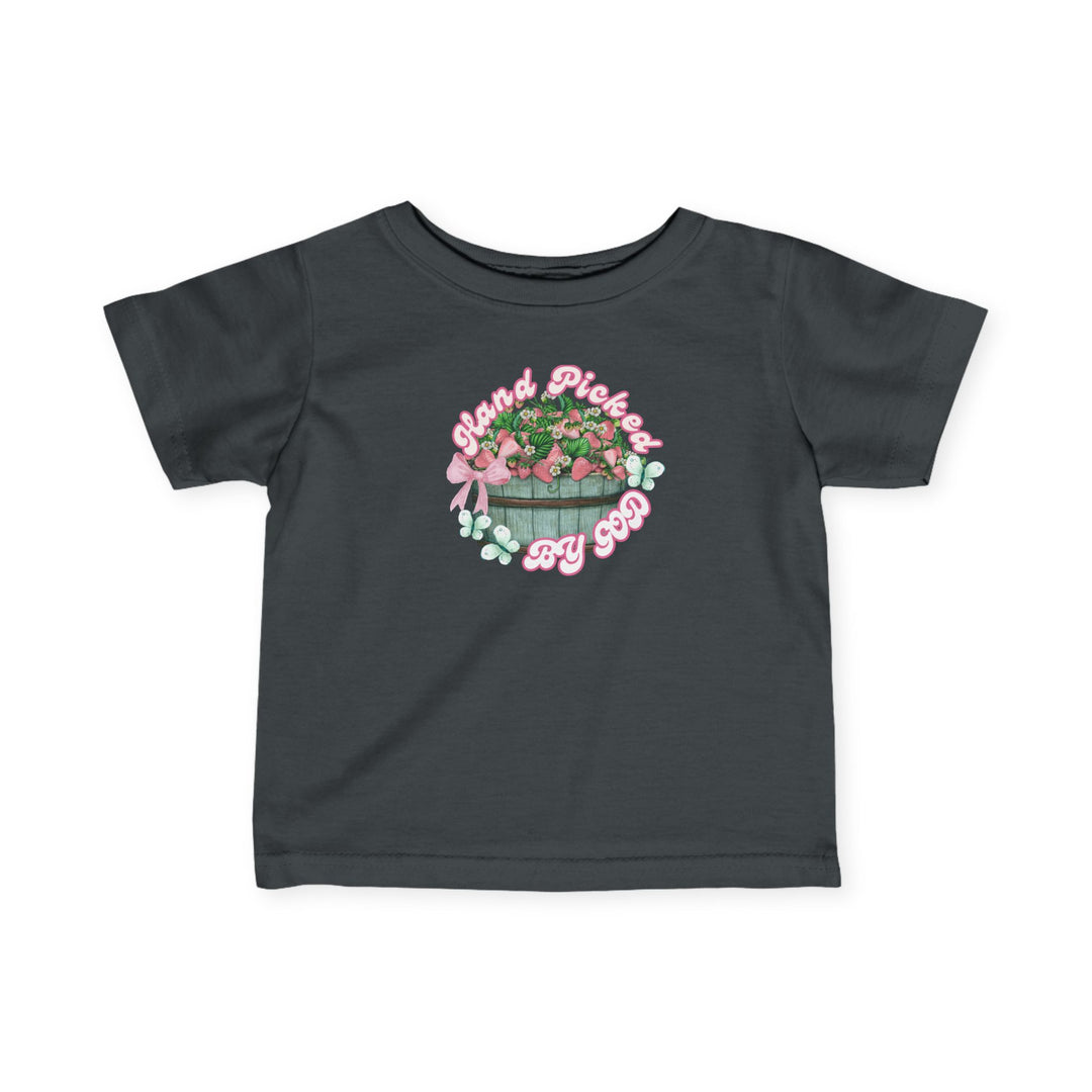 Hand Picked by GOD Baby Tee with side seams, ribbed knitting, and taped shoulders for comfort and durability. Available in sizes from 6M to 24M.