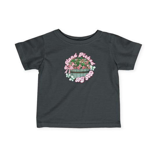 Hand Picked by GOD Baby Tee with side seams, ribbed knitting, and taped shoulders for comfort and durability. Available in sizes from 6M to 24M.