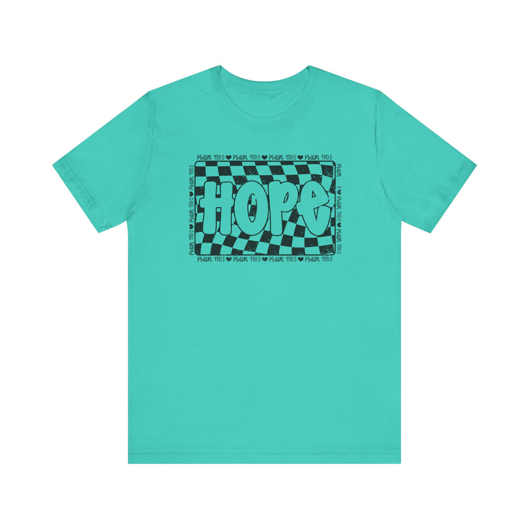 Hope Tee with black and white checkered design, featuring a classic unisex fit and soft cotton texture. Ideal for fans of unique graphic t-shirts.