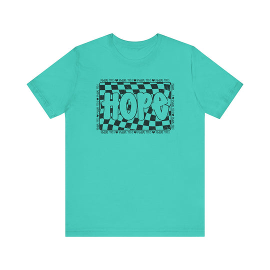 Hope Tee with black and white checkered design, featuring a classic unisex fit and soft cotton texture. Ideal for fans of unique graphic t-shirts.