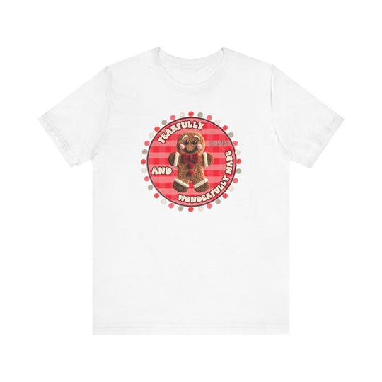 Wonderfully Made Tee featuring a smiling gingerbread-man with a red bow tie on a gingham background, encircled by Fearfully and Wonderfully Made, Psalm 139:14.