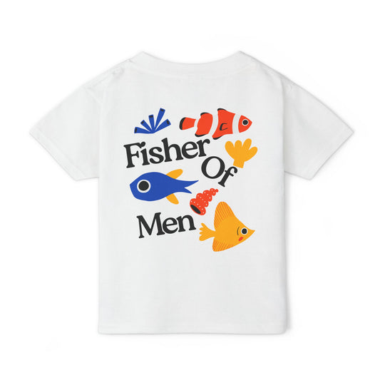 Fisher of Men Toddler Tee featuring cartoon-style ocean theme with fish and coral, made of soft, eco-friendly cotton for comfort and style.