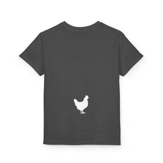 Back view of the Guess What Chicken Butt Tee, featuring a small white chicken silhouette near the lower center on a dark-gray short-sleeve T-shirt.
