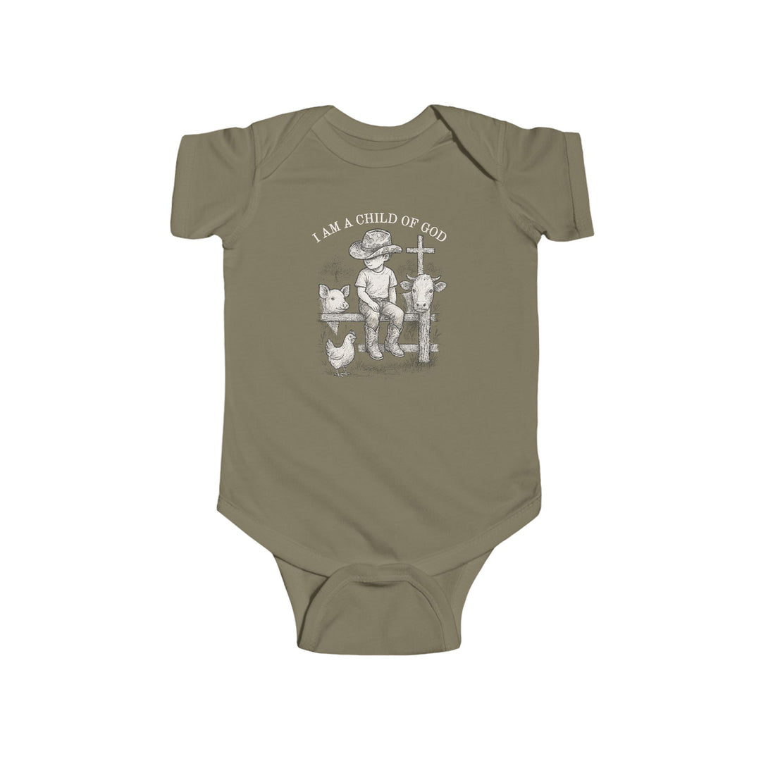 Child of God Onesie: Olive-green onesie featuring a cowboy-hatted boy, farm animals, and I AM A CHILD OF GOD. Durable, soft cotton with easy-change snaps.