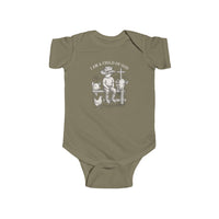 Child of God Onesie: Olive-green onesie featuring a cowboy-hatted boy, farm animals, and I AM A CHILD OF GOD. Durable, soft cotton with easy-change snaps.