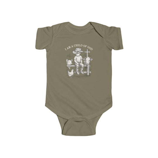 Child of God Onesie: Olive-green onesie featuring a cowboy-hatted boy, farm animals, and I AM A CHILD OF GOD. Durable, soft cotton with easy-change snaps.