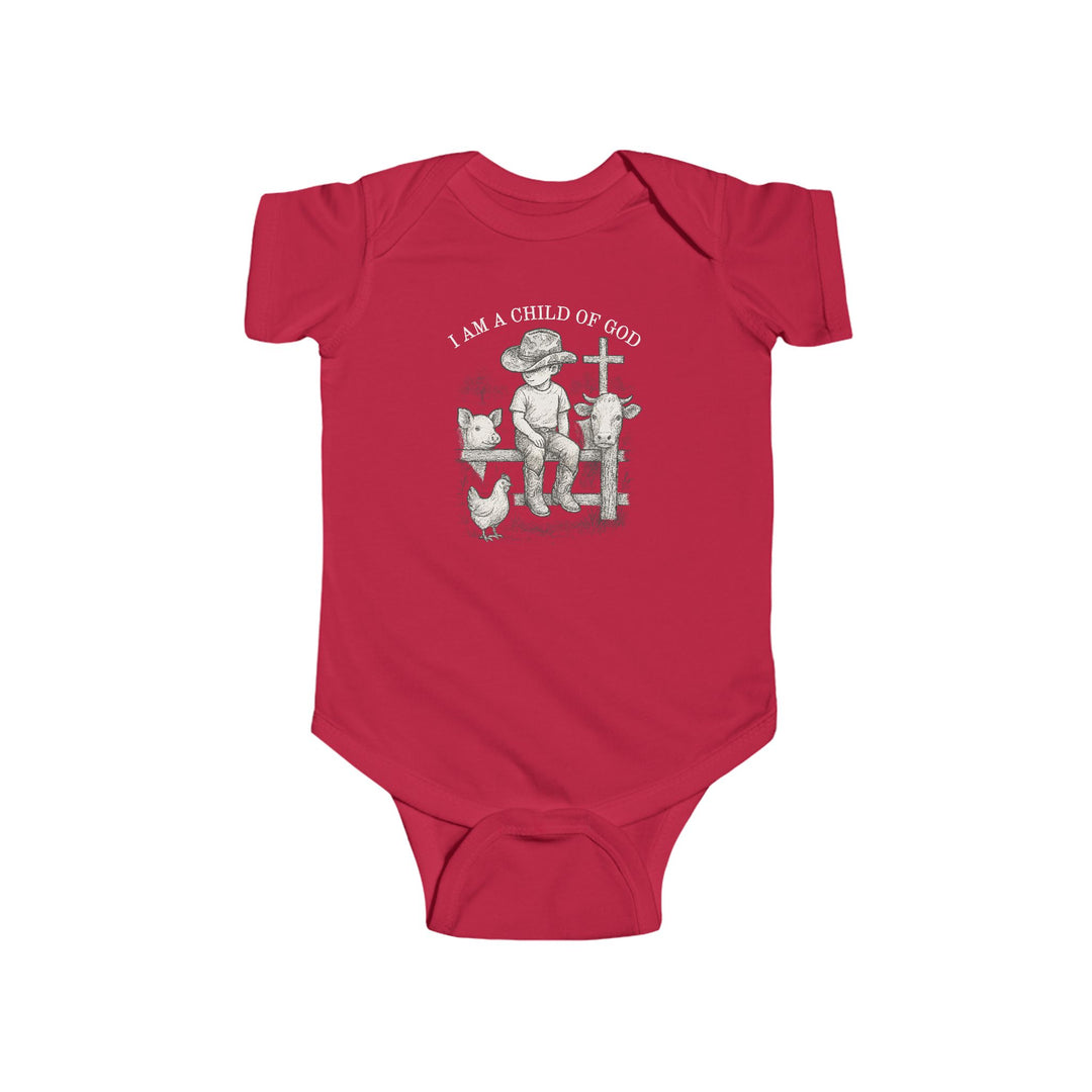 Child of God Onesie features a farm scene with a boy in a cowboy hat, animals, and a cross, emphasizing faith in a soft, durable cotton design.