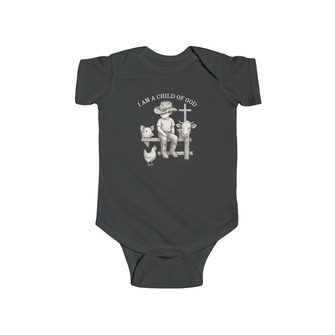 Child of God Onesie featuring a child in a cowboy hat on a fence with farm animals and a cross, emphasizing comfort with durable cotton fabric.