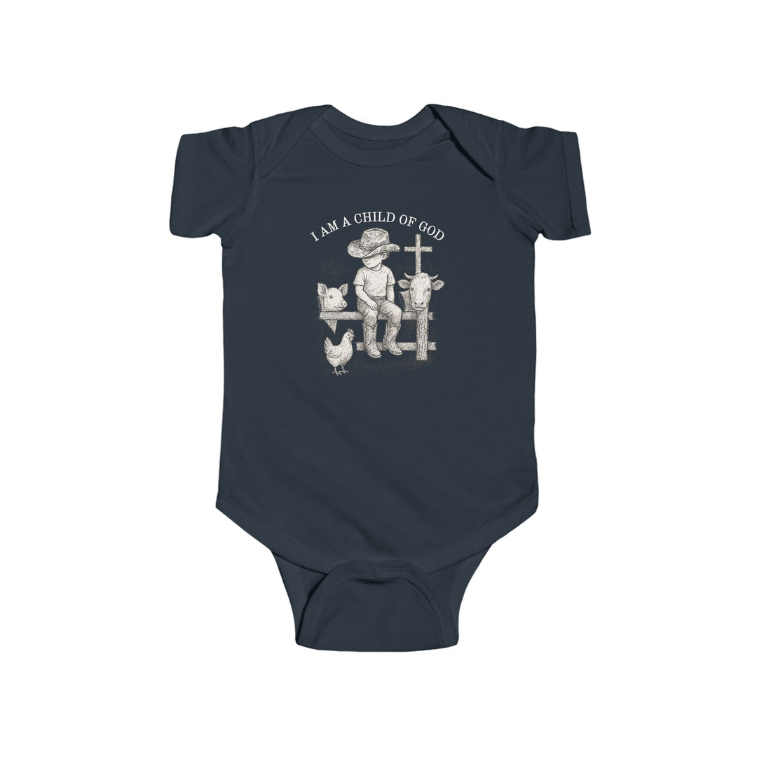 Child of God Onesie featuring a cowboy scene with a boy, pig, cow, and chicken, emphasizing durability and comfort with 100% cotton fabric and ribbed knitting.