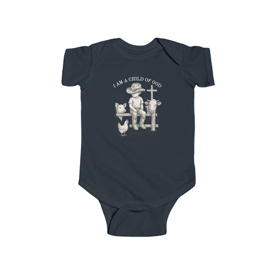 Child of God Onesie featuring a cowboy scene with a boy, pig, cow, and chicken, emphasizing durability and comfort with 100% cotton fabric and ribbed knitting.