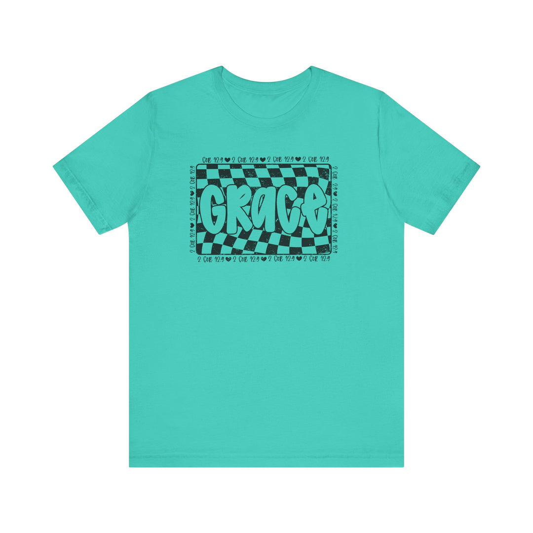 Grace Tee: A blue t-shirt featuring black text, made from soft cotton with a classic fit, ribbed knit collars, and durable dual side seams.